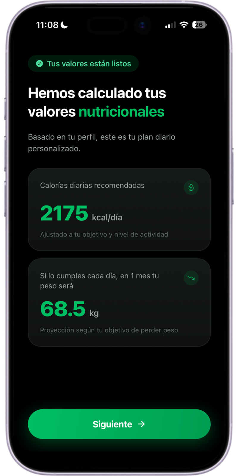 Pantalla de Comeloia con objetivos personalizados de calorías y macros