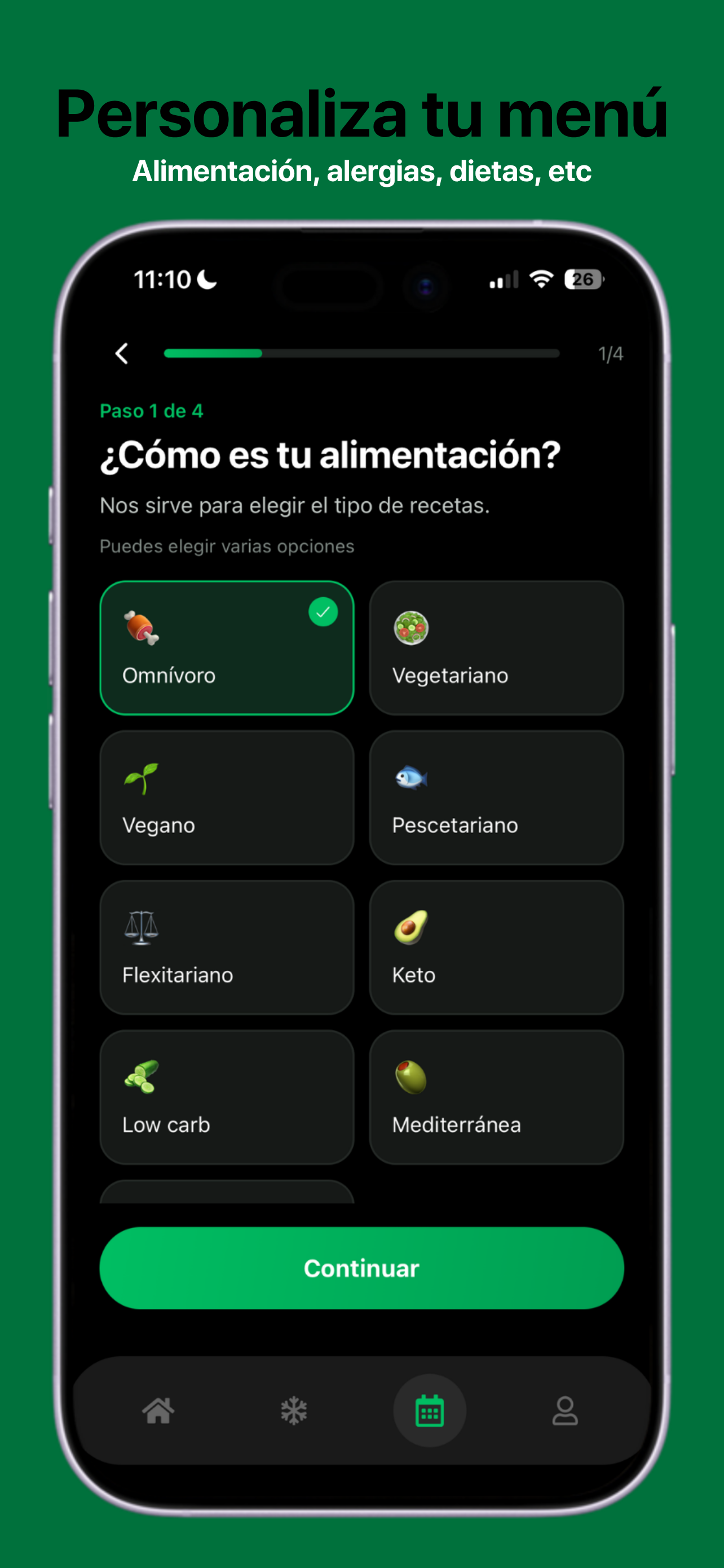 Pantalla de configuración inicial de Comeloia para definir tu menú y preferencias alimentarias