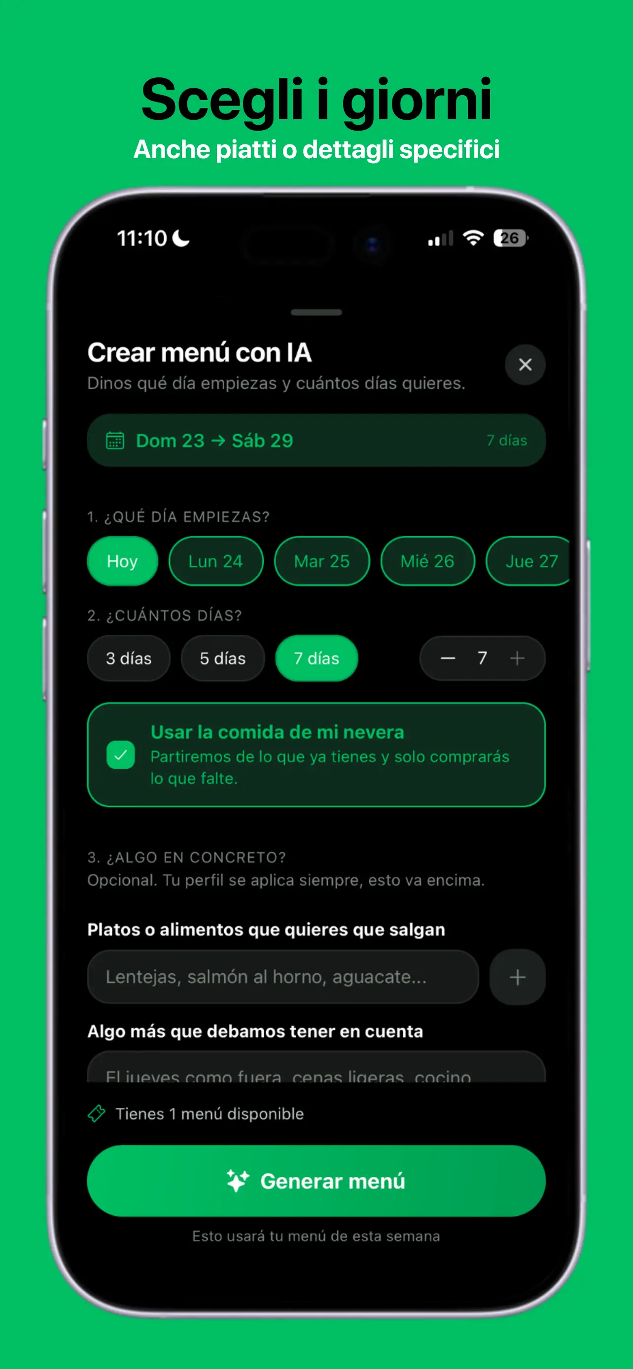 Schermata del generatore di menu con IA di Comeloia per scegliere i giorni del tuo menu settimanale