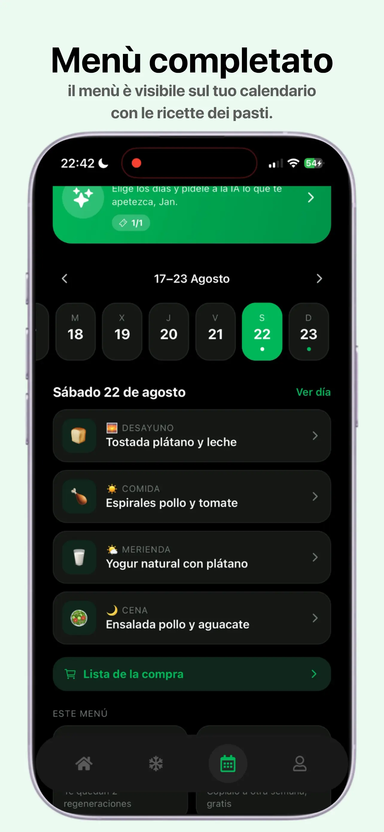 Schermata del calendario settimanale del menu di Comeloia