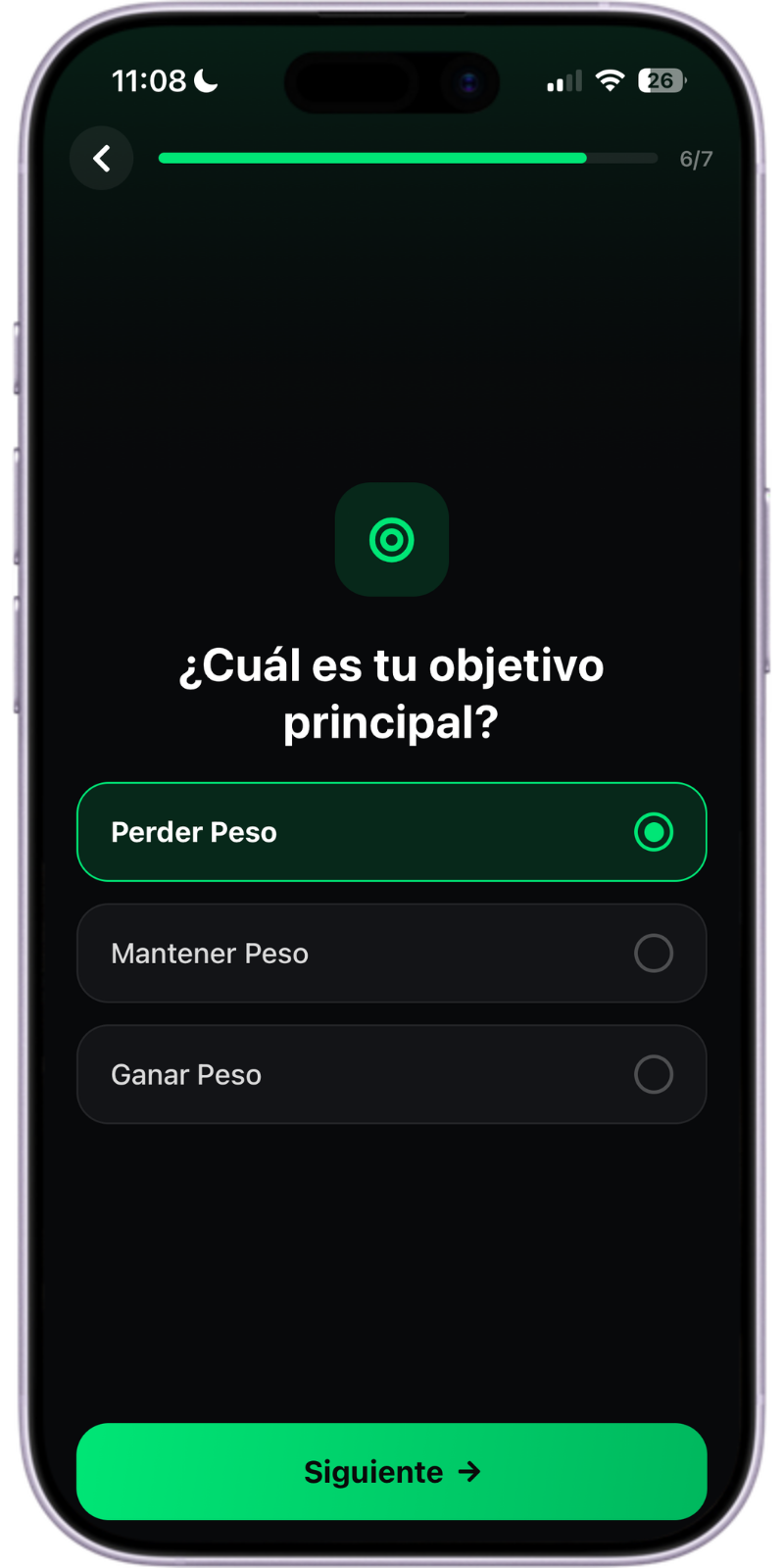 Pantalla de configuración inicial de Comeloia para elegir tu objetivo